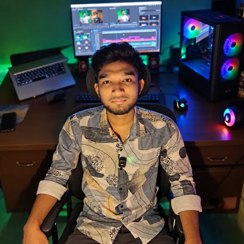 Tanjim at his video editing workstation